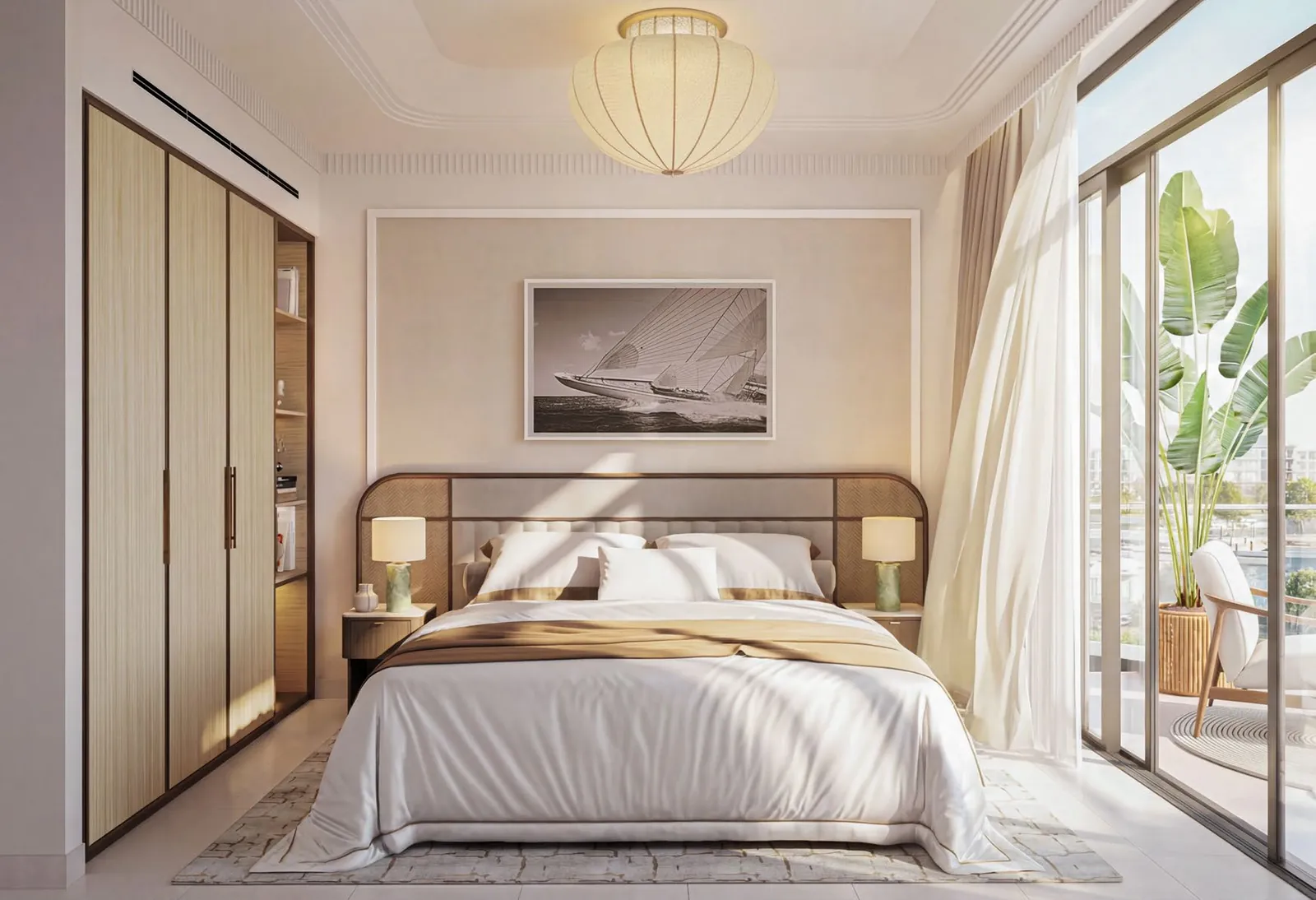 Bedroom with a curved upholstered headboard, full-height wardrobes and sliding doors to a planted balcony