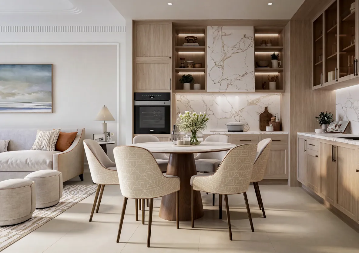 Open kitchen and dining area in pale oak with an engineered stone backsplash