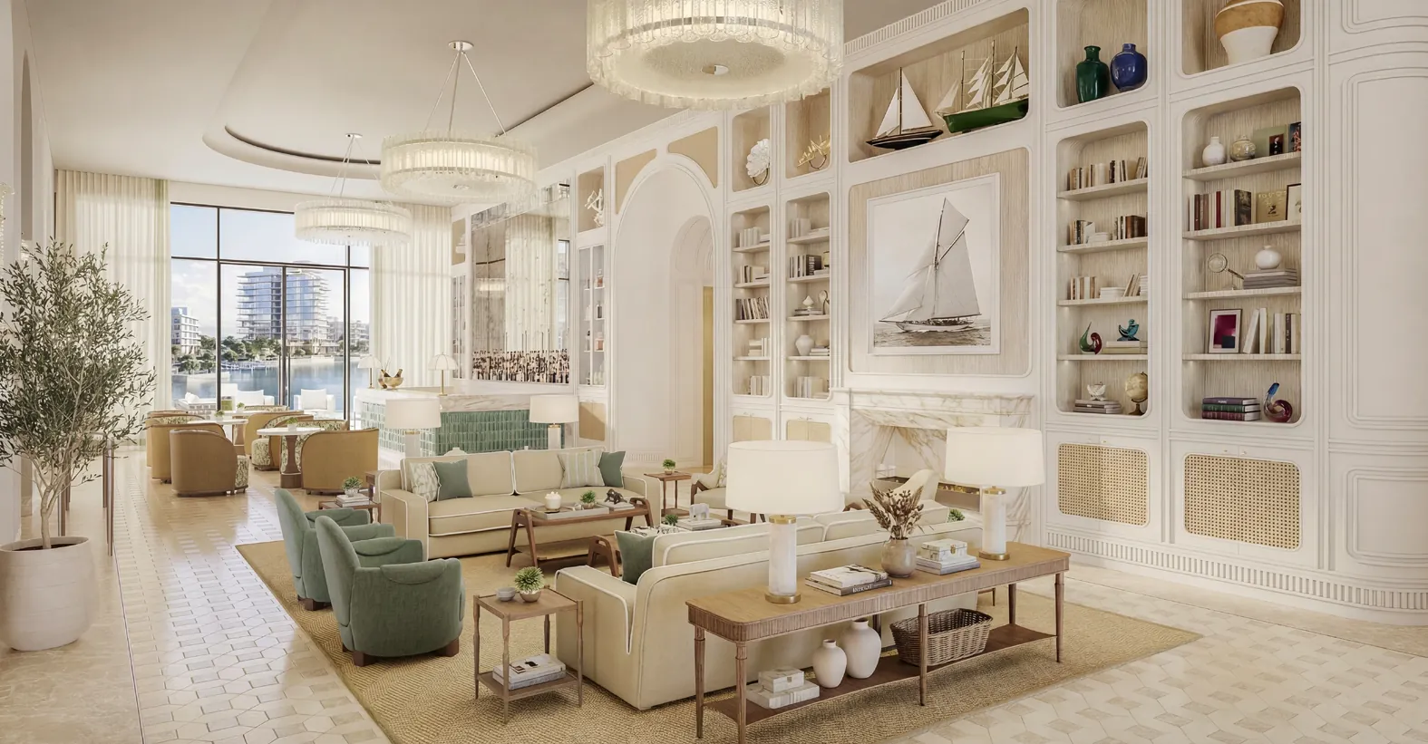 Residents’ lounge with built-in shelving, cream sofas and a glass wall onto the marina