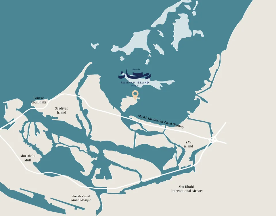 Map: Ramhan Island sits north of Yas Island and east of Saadiyat Island, off the Sheikh Khalifa Bin Zayed Highway