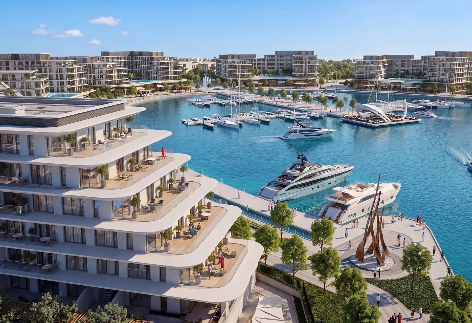 The marina promenade: stepped terraces with planted balconies, a sculpture on the quay and superyachts in the basin