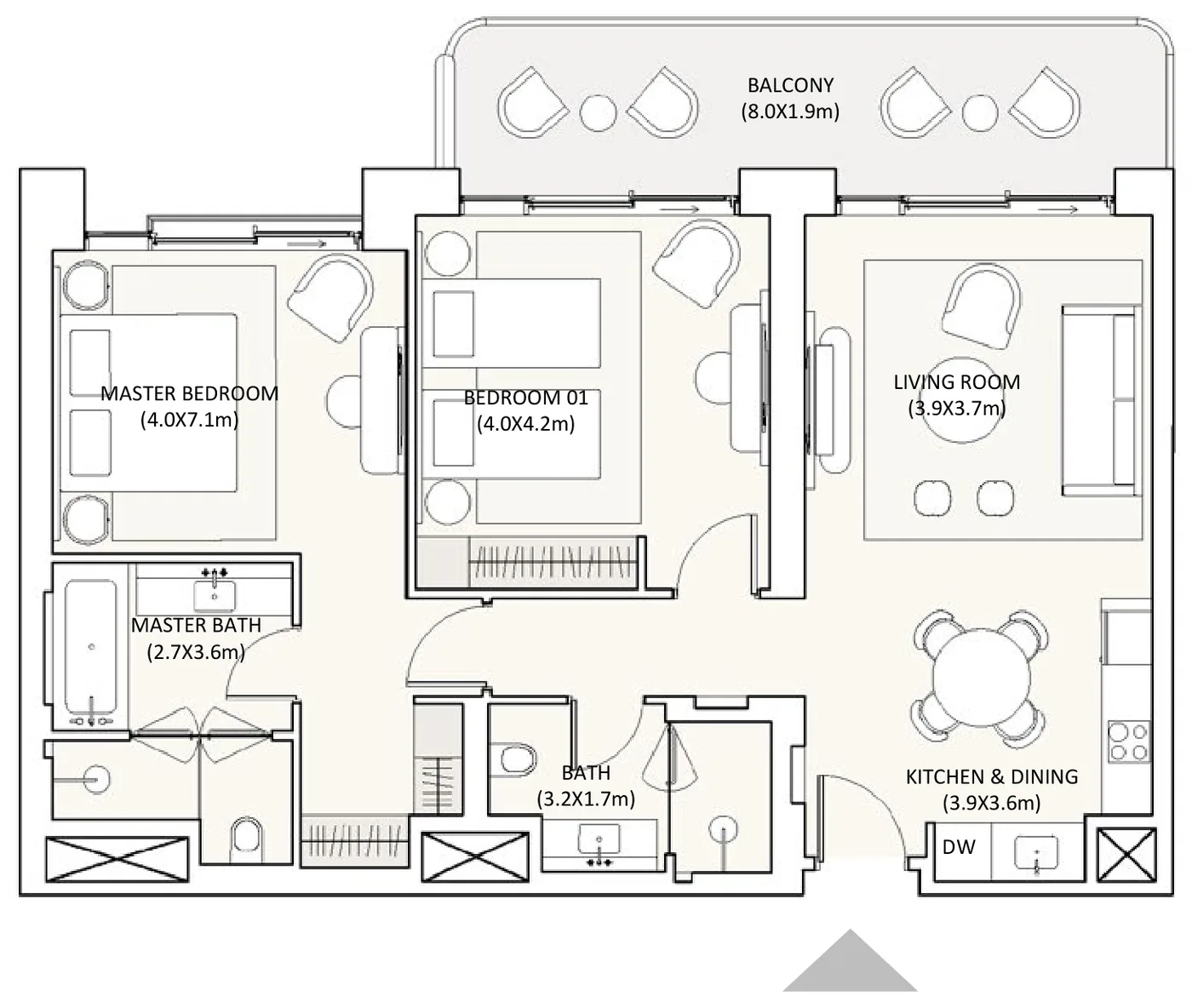 Floor plan, 2 Bedrooms, Type 1
